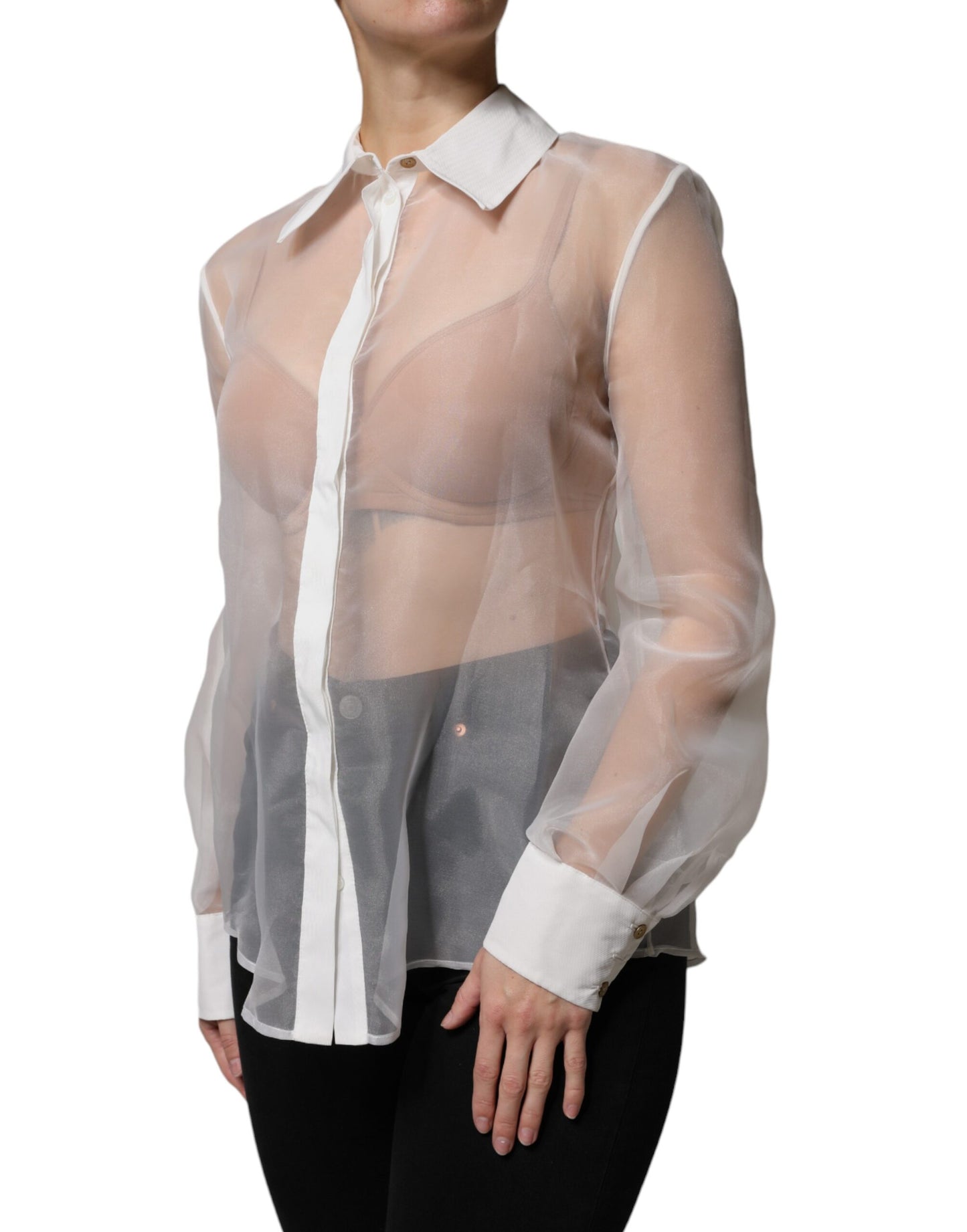 White Sheer Collared Buttoned Long Sleeves Top