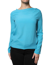 Blue Round Neckline Long Sleeves Blouse Top