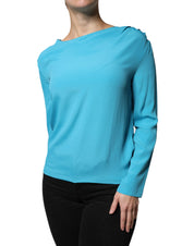 Blue Round Neckline Long Sleeves Blouse Top