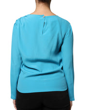 Blue Round Neckline Long Sleeves Blouse Top