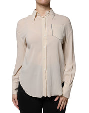 Beige Silk Blend Collared Button Down Top