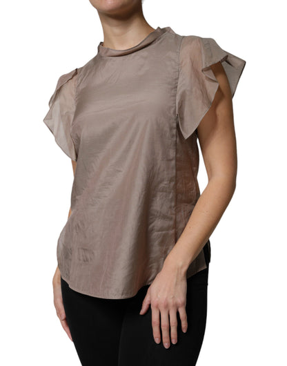 Brown Cotton Blend Short Sleeves Blouse Top