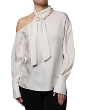 Beige Silk Ascot Collared Long Sleeves Top