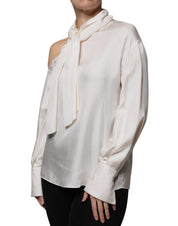 Beige Silk Ascot Collared Long Sleeves Top