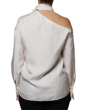 Beige Silk Ascot Collared Long Sleeves Top