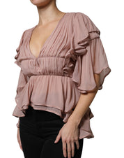 Brown Silk Short Sleeves V-neck Pleated Top