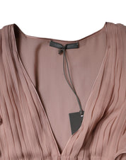 Brown Silk Short Sleeves V-neck Pleated Top