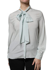 Light Blue Silk Ascot Collared Long Sleeves Top