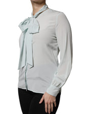 Light Blue Silk Ascot Collared Long Sleeves Top