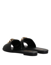 Black Leather Logo Plaque Slip On Slides Flats Shoes