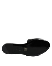 Black Leather Logo Plaque Slip On Slides Flats Shoes