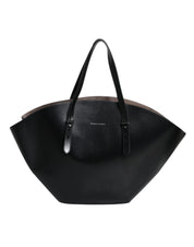 Black Leather Logo Shoulder Strap Shopping Tote Bag