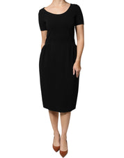 Black Viscose Short Sleeves Sheath Midi Dress