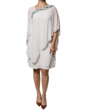 White Floral Embroidery Viscose Chiffon Shift Dress