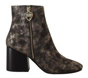 Black Leather Block Heels Ankle Boots Zipper Shoes