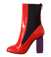 Red Leather Black Fabric Logo Heel Ankle Boots Shoes