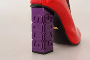 Red Leather Black Fabric Logo Heel Ankle Boots Shoes