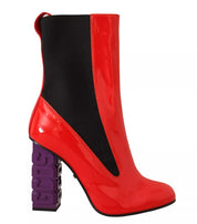 Red Leather Black Fabric Logo Heel Ankle Boots Shoes