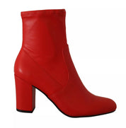 Red Leather Block Heels Ankle Boots Shoes