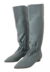 Blue Leather Elastic Flats Pull On Knee High Boots Shoes