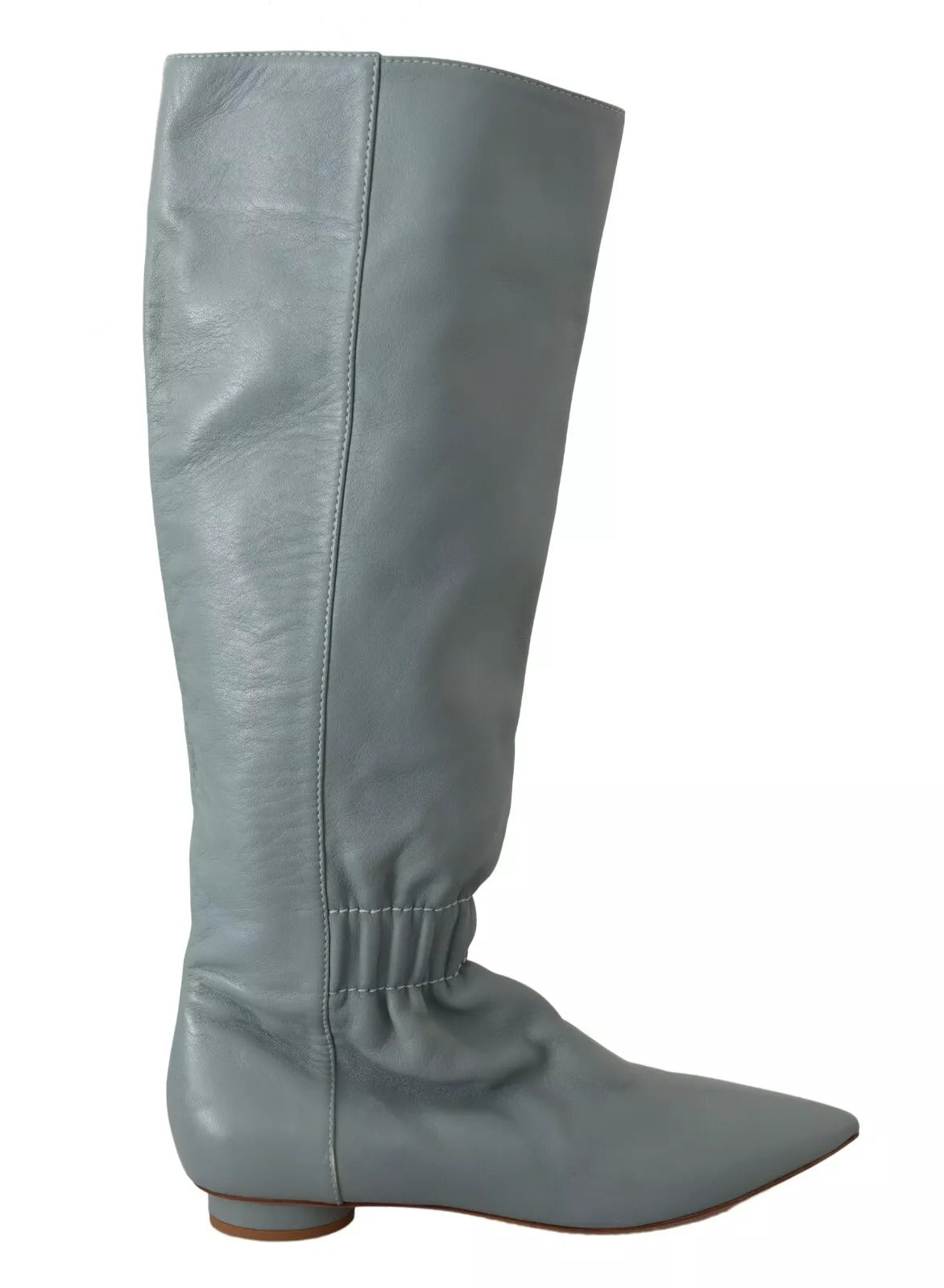 Blue Leather Elastic Flats Pull On Knee High Boots Shoes