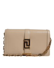 Beige Gold Chain Calf Leather Wallet Crossbody Bag
