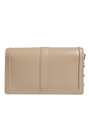 Beige Gold Chain Calf Leather Wallet Crossbody Bag
