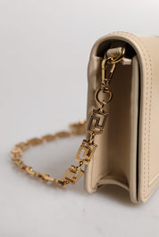 Beige Gold Chain Calf Leather Wallet Crossbody Bag