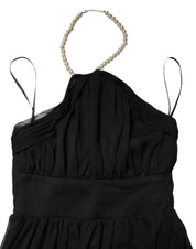 Black Tulle Pearl Sleeveless Long Gown Dress