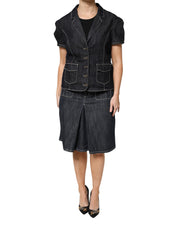 Black Cotton Blend Denim Top Skirt Casual Set