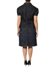 Black Cotton Blend Denim Top Skirt Casual Set