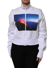 White Graphic Print Cotton Long Sleeves Full Zip Bomber Jacket