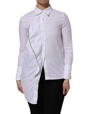White Cotton Collared Long Sleeves Ruffle Top Shirt