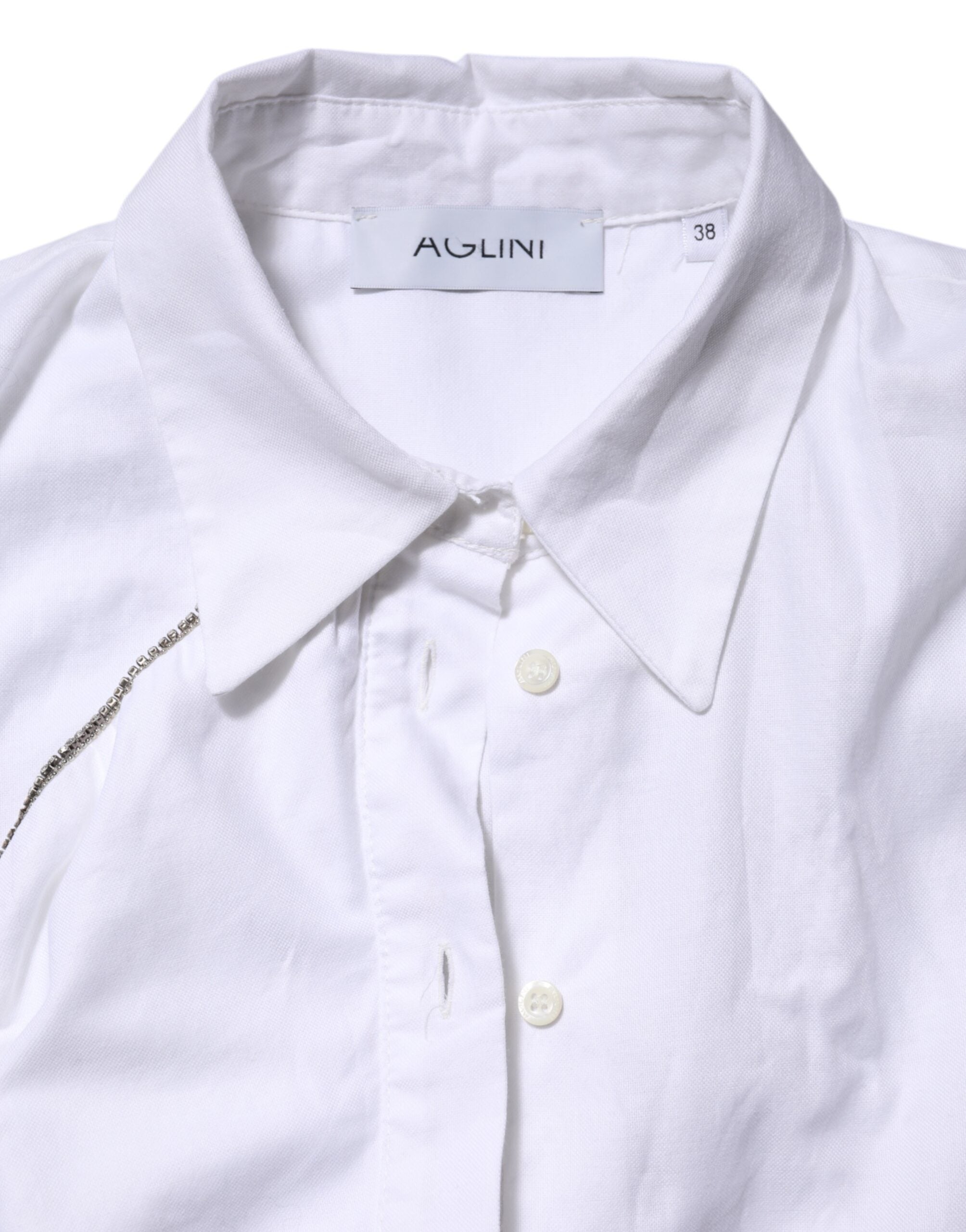 White Cotton Collared Long Sleeves Ruffle Top Shirt
