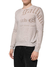 Beige Printed Logo Roundneck Long Sleeves Men Sweater