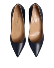 Blue Leather Pointed Toe Block Heels Shoes