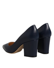 Blue Leather Pointed Toe Block Heels Shoes