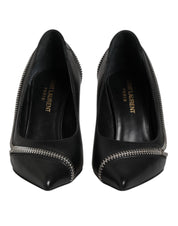 White Black Leather Pointed Toe Heels Shoes