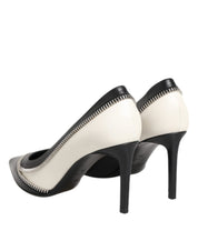 White Black Leather Pointed Toe Heels Shoes