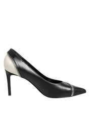 White Black Leather Pointed Toe Heels Shoes