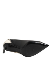 White Black Leather Pointed Toe Heels Shoes