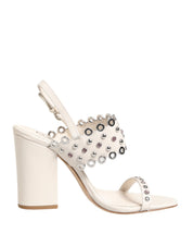 White Block Heeled Studded Quarter Strap Sandals Shoes
