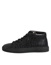 Black Leather Lace Up Mid Top Sneakers Shoes