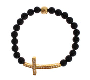 Mattes Onyx-Stein-Gold-CZ-Kreuz-Armband aus 925er Silber