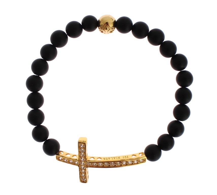 Mattes Onyx-Stein-Gold-CZ-Kreuz-Armband aus 925er Silber