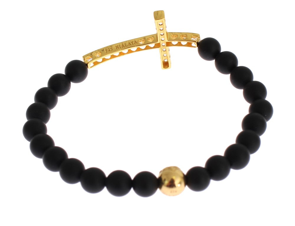 Mattes Onyx-Stein-Gold-CZ-Kreuz-Armband aus 925er Silber