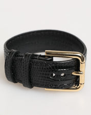 Black Embossed Leather Gold Buckle Belt Strap Bracelet