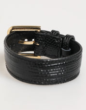 Black Embossed Leather Gold Buckle Belt Strap Bracelet