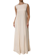 Beige Viscose Pleated Sleeveless Long Maxi Dress