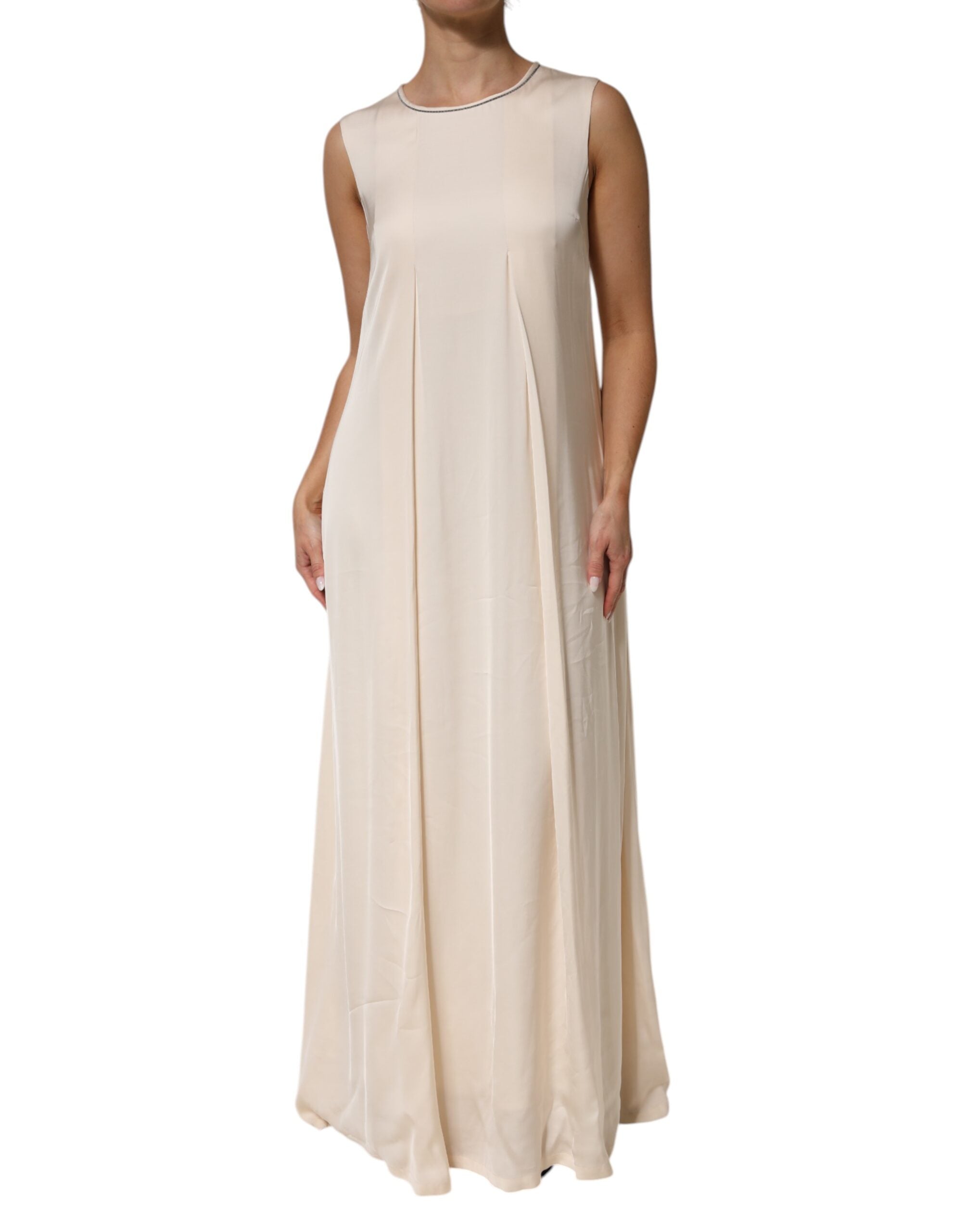 Beige Viscose Pleated Sleeveless Long Maxi Dress